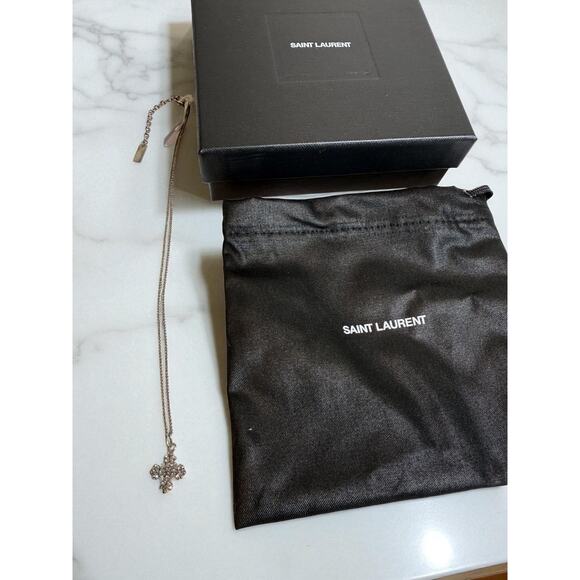 NIB Saint Laurent Cross Pendant with Crystal Necklace Silver Retail $405 - Picture 2 of 5